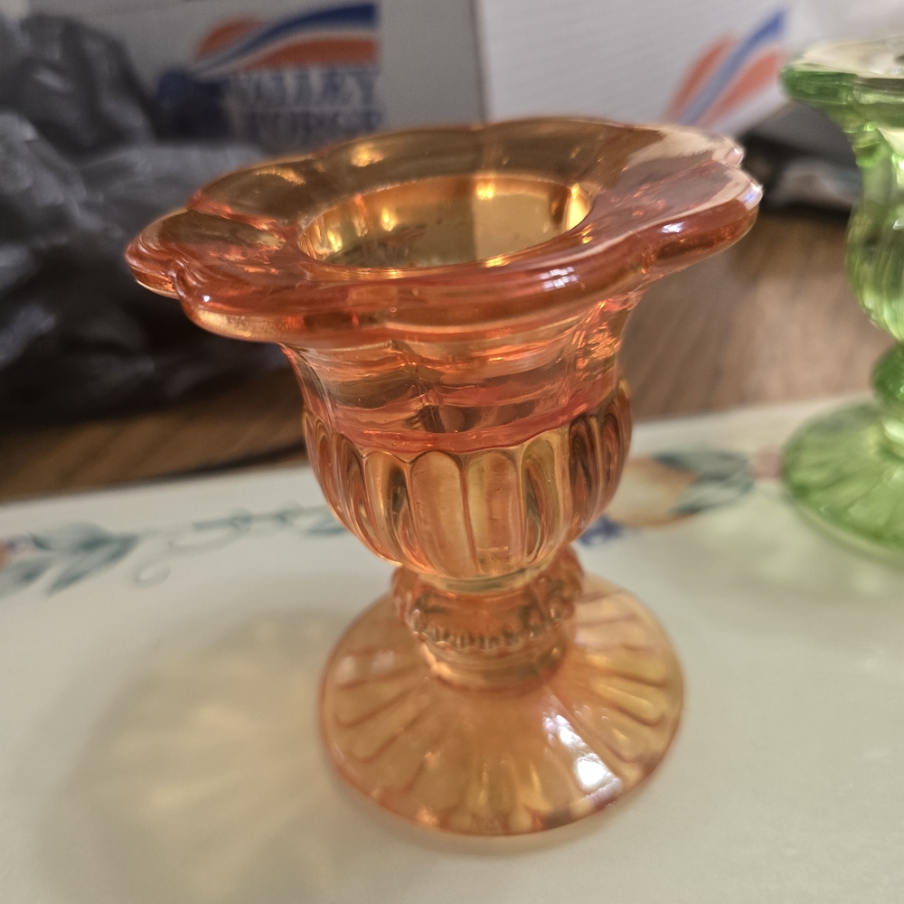 2 Amber/orange Depression Glass Antique Daisey Pattern Glass Candle Holders